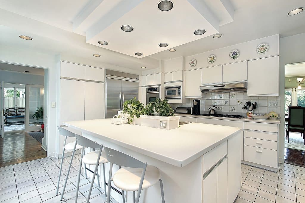 Kitchen island with gorgeous, thick white Quartz countertop