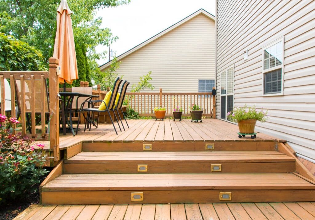 Multi level deck with lighted stair.